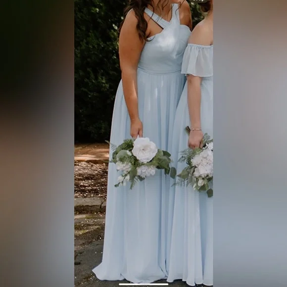 Azazie Sky Blue A-Line High cross neck Bridesmaids dress - Picture 2 of 6